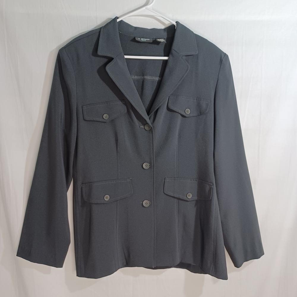 T. Milano Dark Gray Button Up Blazer:Shoulder Pads,Stretchy,Fake Pockets,Petite